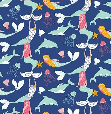 Mermaids & Dolphins - Navy Polycotton Printed Novelty Craft Bunting Fabric • £0.99