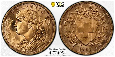Switzerland  Gold 20 Francs 1927 B - Pcgs Ms 65   Rare2 • $599.99