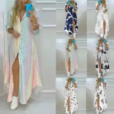 Women Boho Printed Long Shirts Dress Turn-down Collar Long Sleeve Party Maxi Top • $18.80