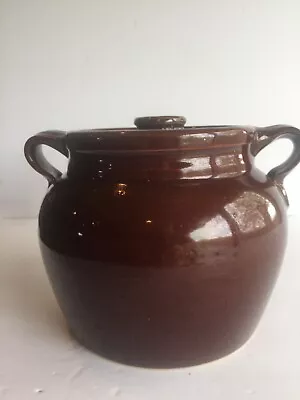 Vintage Brown Glaze Stoneware Crock Bean Pot With Handles And Lid Pottery • $19.96