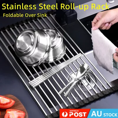 Dish Rack Drying Drainer Over Sink Stainless Steel Rack Roll Up Foldable Kitchen • $15