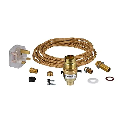 Premium Lamp Kit B22 Safety Switch Holder Fabric Flex UK Plug DIY Brass ElekTek • £26.38