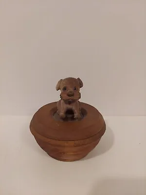 Adorable Dog Figure Carved Wood Lidded Trinket Dish • $20