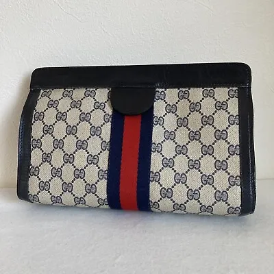 Vintage GUCCI Purse Sherry Line Clutch Bag PVC Leather Navy Authentic From JAPAN • $149.99