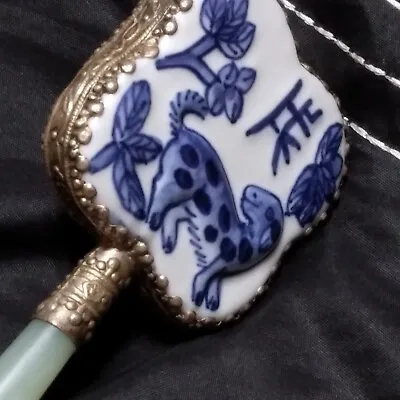 Vintage Chinese Asian Blue & White Porcelain Hand Mirror Jade Jadeite Handle • $18.93