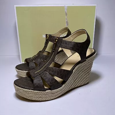 Michael Kors Berkley Leather Wedge Sandal Women's Size 10 Brown Logo PV17K New • $86.89