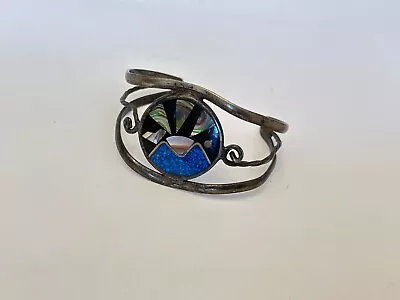 Vintage Mexican Alpaca Silver Small Blue Beautiful Ocean Cuff Bracelet • $13.24