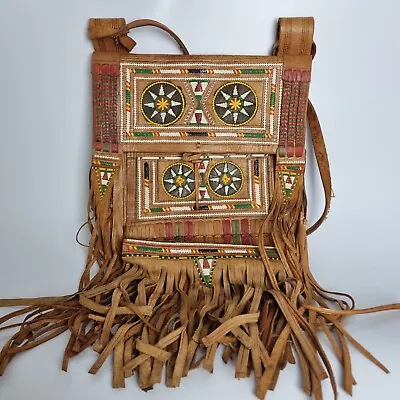 £29.99 • Buy Vintage 70s Moroccan Boho Fringe Crossbody Purse Handmade Leather Fringe Bag Tan