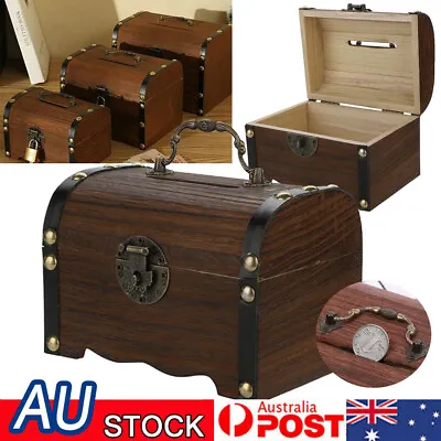 Wooden Treasure Chest Retro Money Storage Box Case Coin Piggy Bank Organizer AU • $15.19