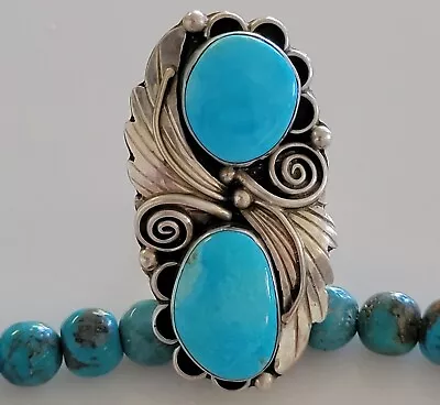 OLD PAWN Vintage Baby Blue 2 Stone Turquoise In STERLING Navajo Ring Size 8 • $59