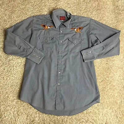 Plains Western Wear Shirt Mens L Blue Pearl Snap Embroidered American Eagle • $19.99