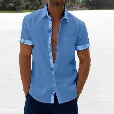 Mens Short Sleeve Color Block Dress Shirt Casual Button-down Pocket Lapel Tops • £10.99