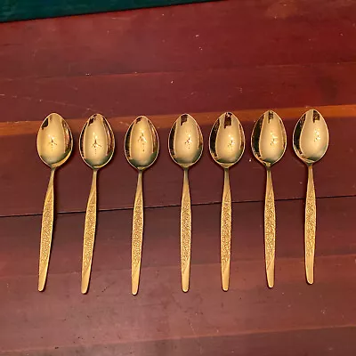 Vintage National Stainless Caress Flatware Korea Roses 7 Teaspoons Goldtone • $20