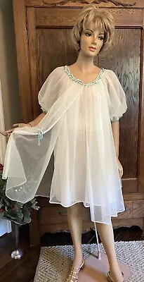 Rare Vintage LISETTE SHORT Peignoir Set Nightgown Robe White & Turquoise Large • $100