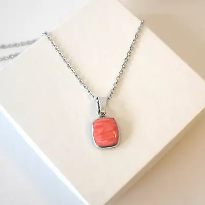 Mexico 925 Pink Enamel Square Pendant W Silvertone Necklace 21  • $21.29