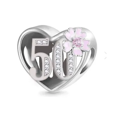 £16.99 • Buy 50 50th Birthday Charm Pink Flower & Heart Bead 🌺 925 Sterling Silver Gift
