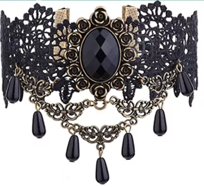 Gothic Victorian Black Lace Choker Necklace Tassel Chain Steampunk New 8139 • $10.92