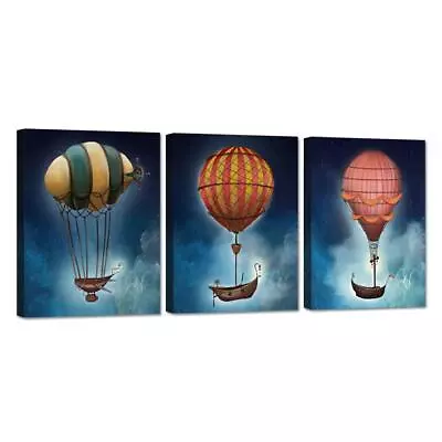 3 Pieces Space Theme Canvas Wall Art Steampunk Airship Fantasy Picture Starry... • $45.56