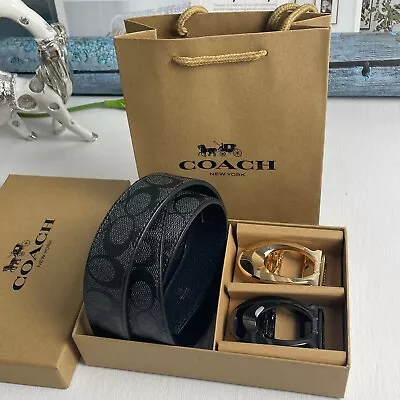 Coach Grey MEN'S Signature Black Gold Double Head Belt Box Set Adjustable 120CM • $26