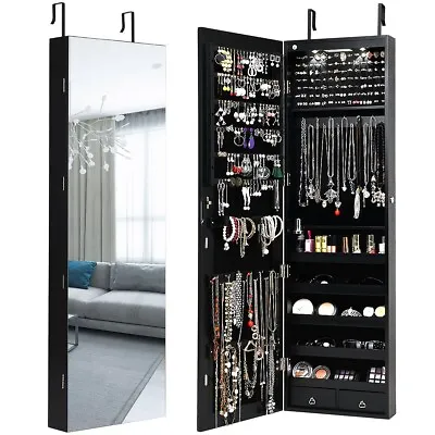 Wall-mounted Jewelry Storage Cabinet Door Hanging Jewelry Armoire W/ Full Mirror • £74.95
