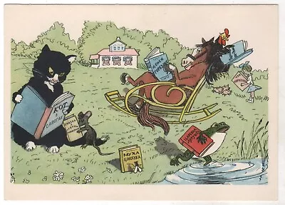 1968 Favorite Fairy Tale CAT Mouse Horse Frog Fly Read Books RUSSIA POSTCARD Old • £8.59