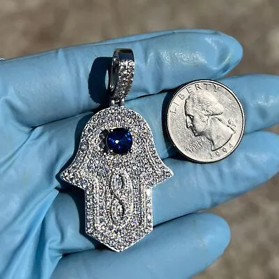 925 Silver Hamsa Hand Of Fatima Blue Evil Eye Protection CZ Micro Pave Pendant • $49.99