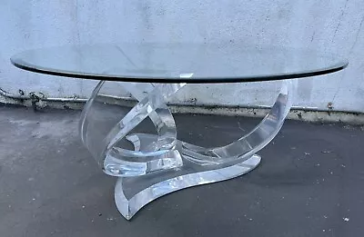 Mid Century Modern Sculpted Lucite 39” Large Round Glass Top Coffee Table • $1450