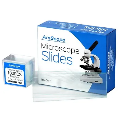 AmScope 50 Pre-Cleaned Blank Microscope Slides + 100 22x22mm Square Cover Glass • $14.99