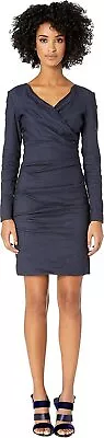 Nicole Miller Artelier NAVY Solid Cotton Metal Surplice Tuck Dress US 0 • $40.22