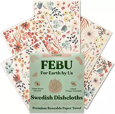 FEBU Swedish Dishcloths For Kitchen | 5 Pack Watercolor Swedish Dish Towels | Ce • $21.30