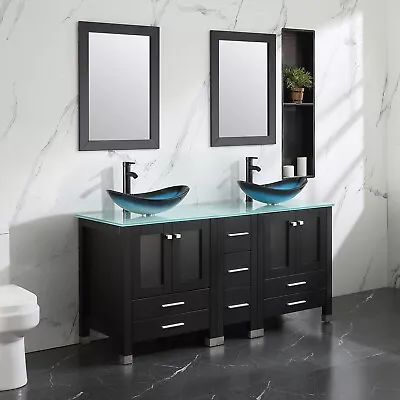 60  Bathroom Vanity W/ Color Basin Sink Free Standing Double Cabinet Glass Top • $1078.99