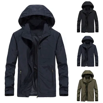 Mens Windproof Waterproof Jacket Tops Outdoor Hiking Zippy Up Hooded Rain Coat • £12.39