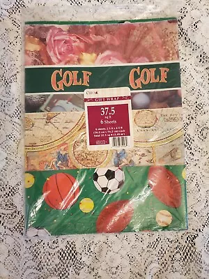New Sealed Vintage Cleo Wrapping Paper Roses Sports Balls Golf Maps  • $10