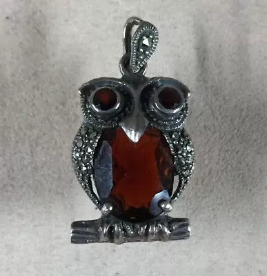 VTG Sterling Silver Marcasite Garnet Owl Pendant • $34.95