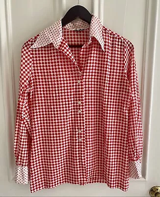 Vtg Lanvin 70s Red Disco Geo Print Checkered Blouse Size 14- Rare! • $65