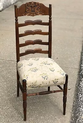 Vintage 39  Carved Maple Wood Lion Face Ladder Back Blueberry Seat Dining Chair • $249.99