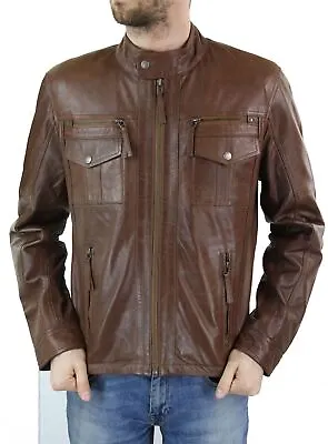 Mens Genuine Leather Biker Jacket Zipped Nehru Grandad Collar Regular Fit • £115.49