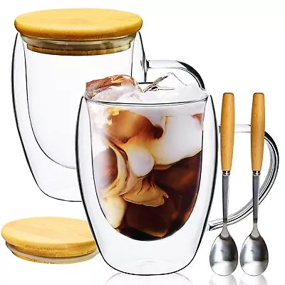 Glass Coffee Mugs Set Of 2 With Bamboo Lid/spoon Double Wall Insulated Clear Tea • $20.21