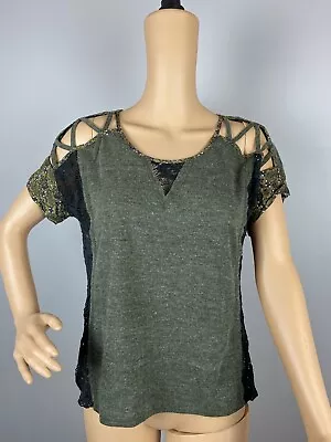 Miss Me Women's Small Blouse Top Sage Green Lace Back Floral Short Sleeve • $11.99