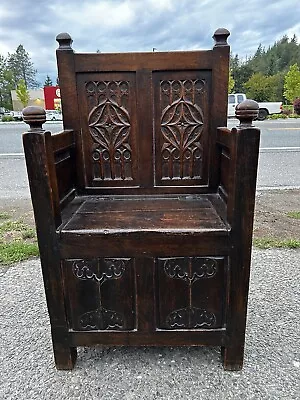 Antique Church Oak Chair Bench Gothic Storage Throne Carved Ornate Seat Priest • $450