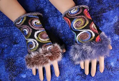 Colorful Fur Trimmed Fingerless Gloves Boho Fleece Embroidered Stretch • $16.99