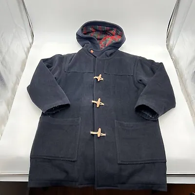 VTG 90s Men Pepperino Wool Blend Navy Blue Duffle Toggle Coat Italy Plaid Medium • $49.99
