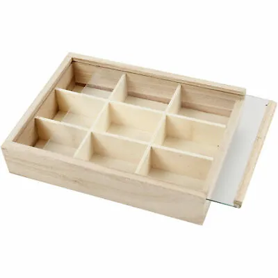 £7.95 • Buy Wooden 9 Section Storage Display Compartment Box With Sliding Glass Cover 57454