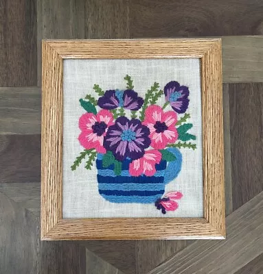 Vintage Hand Crafted Needlepoint Pink & Purple Flowers In Basket Frame • $28
