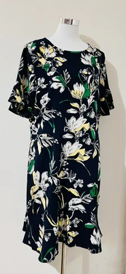 $9 • Buy &Me Size 16 Mini Dress Navy Blue Floral Print Short Sleeve Frill NEW BNWT
