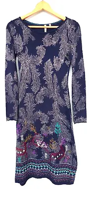 £16 • Buy WHITE STUFF Knit DRESS Navy Blue Embroidered NORDIC FOREST DEER Fairisle Hem 10