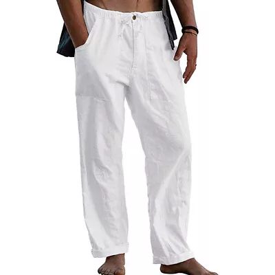 Mens Cotton Linen Elasticated Waist Trousers Drawstring Casual Loose Yoga Pants • $22.39