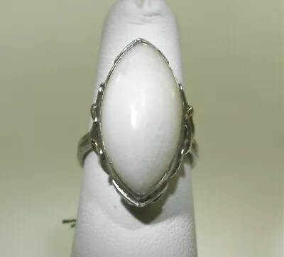 Vintage Ming's Solid 925 Silver Domed Marquise Natural White Jade Ring 5.5 #2 • $375