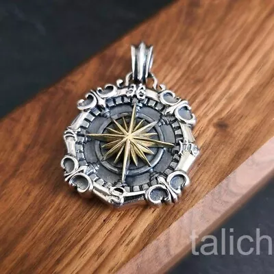 Thick Solid 925 Sterling Silver Round Pendant Double Sided Compass Star & Anchor • $54