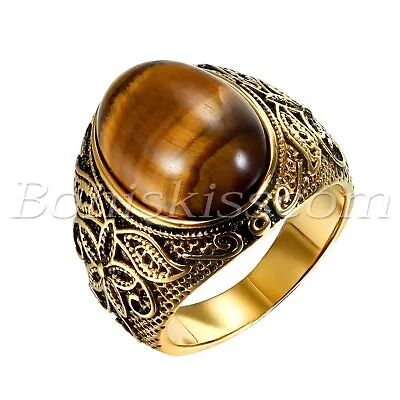 Men's Gold Plated Stainless Steel Patterned Tiger's Eye Stone Ring Band #7-12 • $9.99